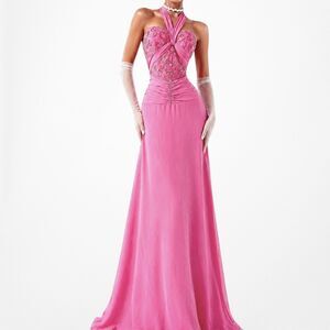 Vintage Y2K Barbie Pink Beaded Sequin Halter Flared Maxi Prom Gown Dress Size M